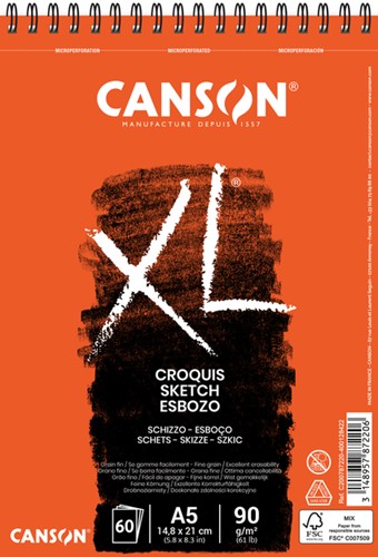 Schetspapier Canson XL Sketch 60vel 90gr A5 ivoorwit
