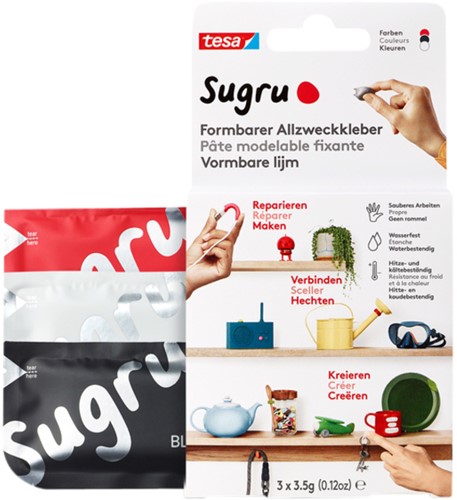 Kneedbare hobbylijm Sugru by tesa® sterke alleslijm 3 pakken zwart wit rood
