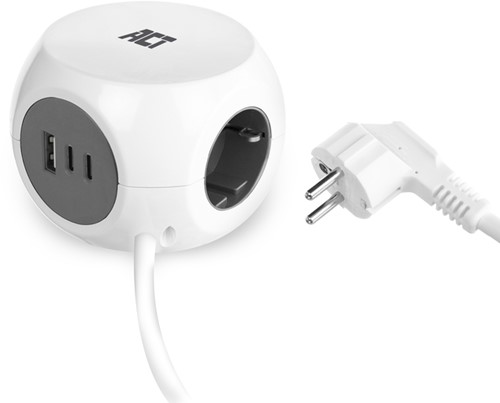 Stekkerblok ACT 3 voudig  inclusief 2x USB C/A 1.5 meter wit/grijs