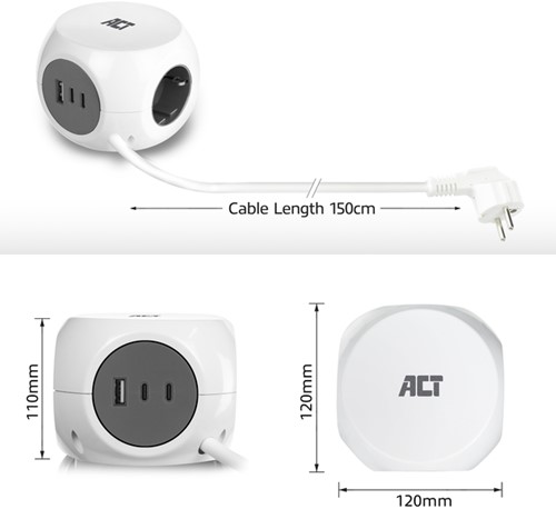 Stekkerblok ACT 3 voudig  inclusief 2x USB C/A 1.5 meter wit/grijs-16