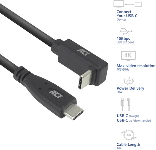 Kabel ACT USB-C standaard naar USB-C hoek boven/beneden 10Gbps 1m-2