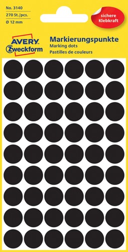 Etiket Avery 3140 rond 12mm zwart 270 stuks