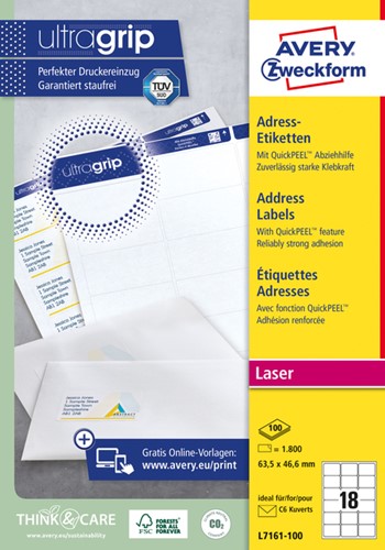 Etiket Avery L7161-100 63.5x46.6mm wit 1800 stuks